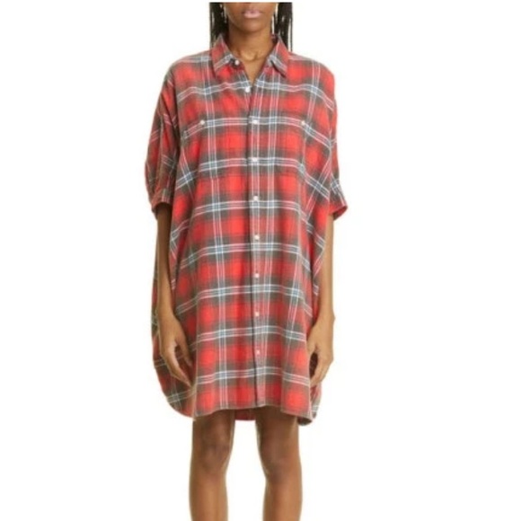 New R13 Plaid Oversize Cotton Flannel Shirtdress in Red Plaid Size XS - Picture 3 of 8